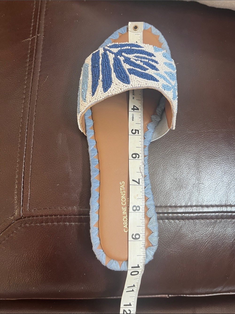 Blue Beaded  8 1/2 Slide Sandals with Leaf Motif by Carolina Costas - Picture 3 of 11